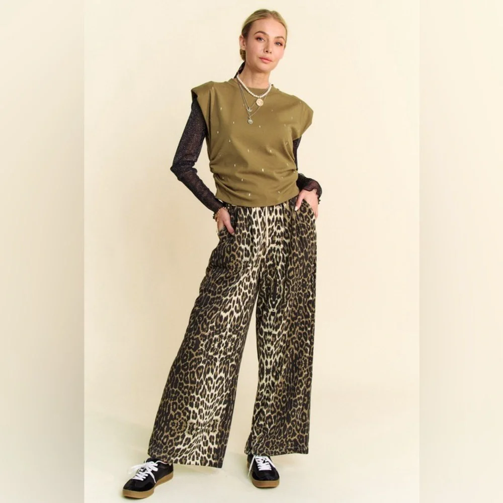 🟠272B. Drawstring Leopard Wide Leg Pants - Picture 2 of 8